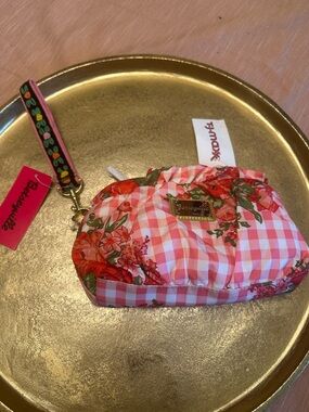 Betsey Johnson Pink Gingham Floral Wristlet with Embroidered Strap Vintage rose